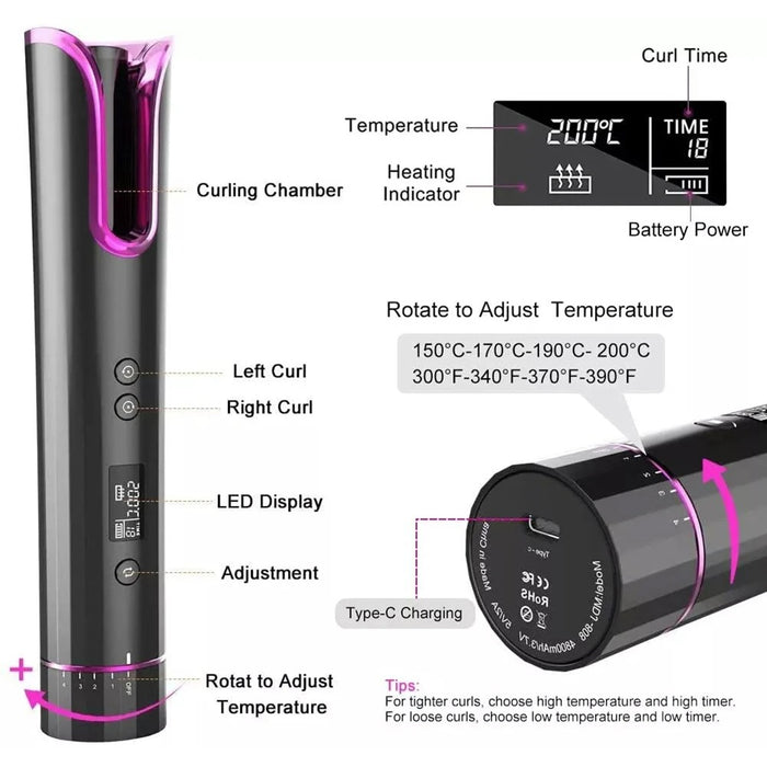 Arricciacapelli Automatico Cordless da Donna Ricaricabile